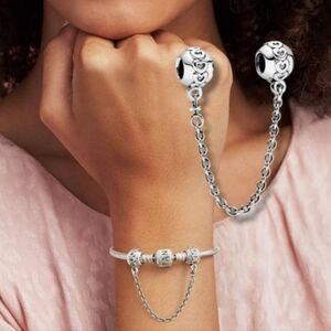 Pandora Sterling Silver Band Of Hearts Safety Chain Charm